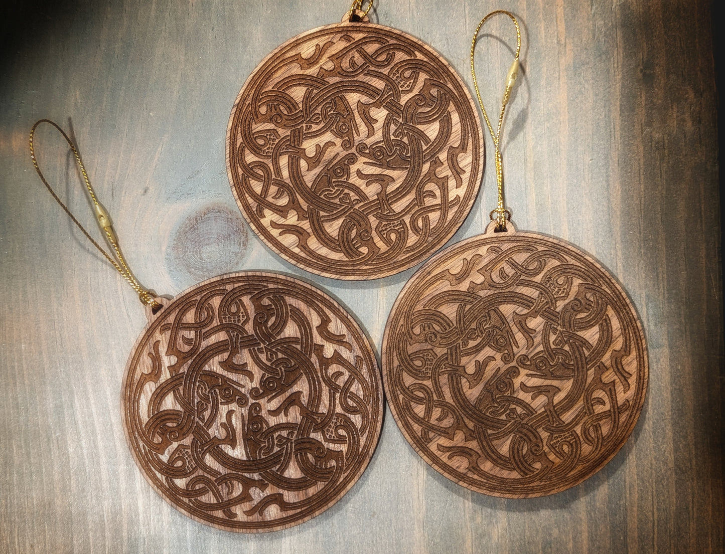Set of Three Walnut Wood Norse Nordic Jelling Dragon Viking Knotwork Yule Christmas Ornament Set Asatru Holiday Decor