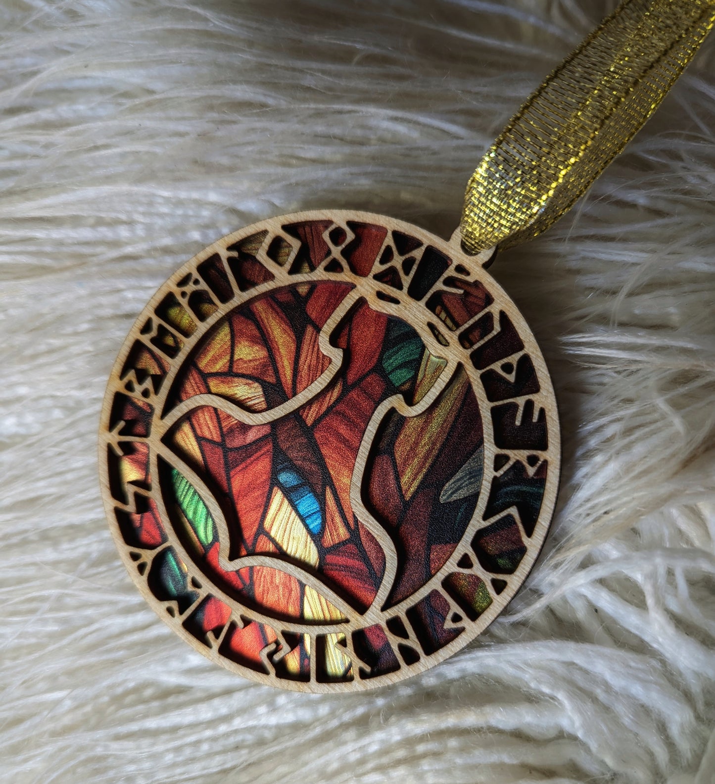 Layered Birch Wood Mjölnir and Rune Ornament