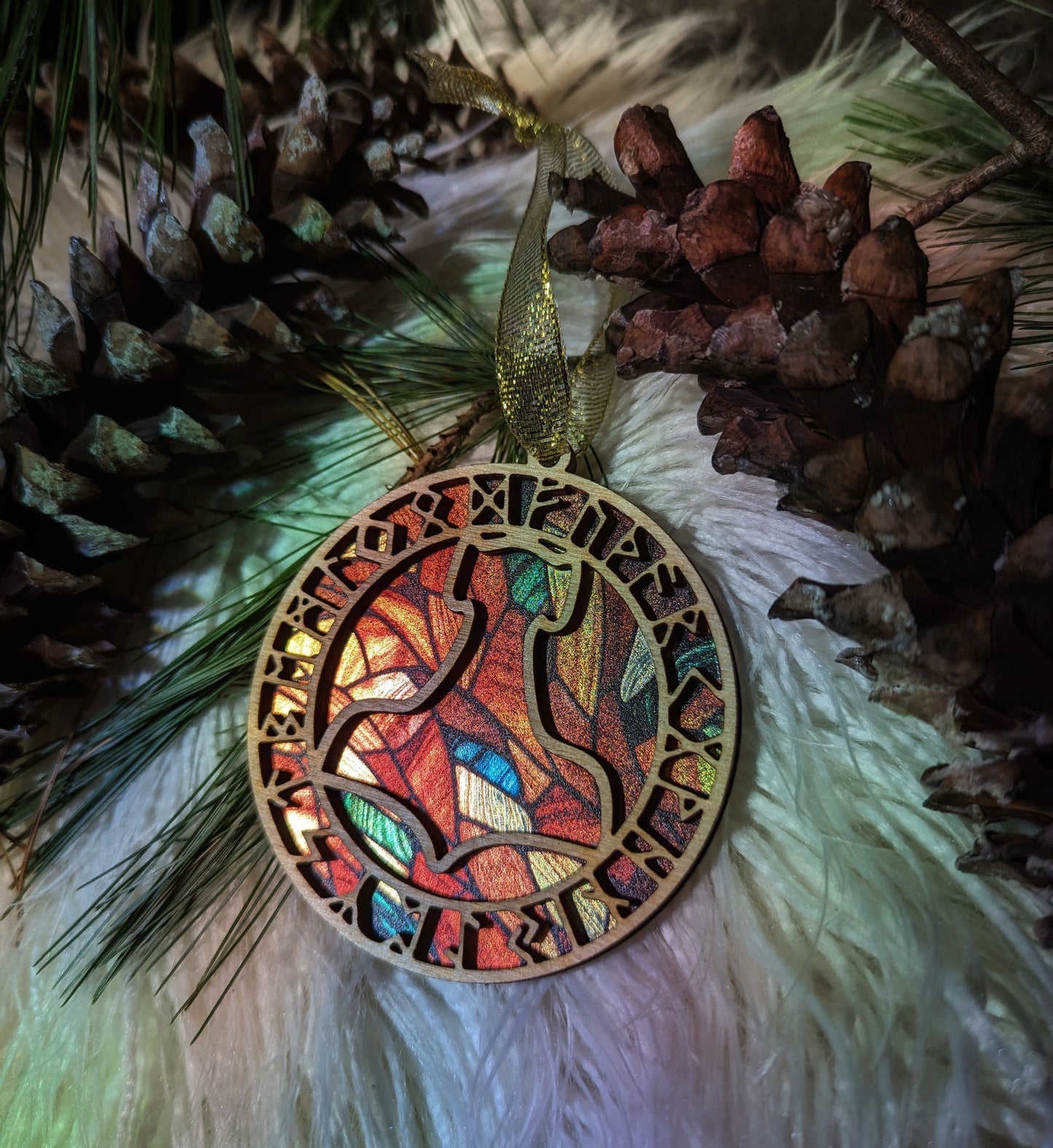 Layered Birch Wood Mjölnir and Rune Ornament