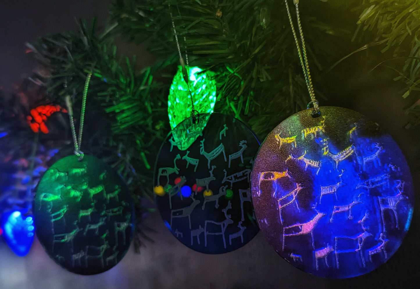 Set of 3 Reindeer Petroglyph Ornaments Mirror Aurora Alta Norway | Yule Gift | Unique Ornaments | Gift for Archaeologist