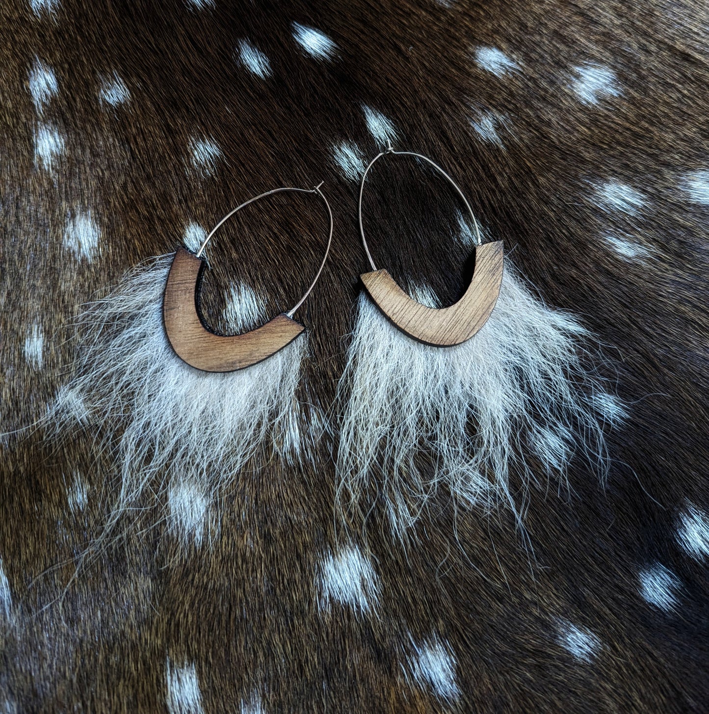 Wolf Fur Walnut Wood Loop Earrings