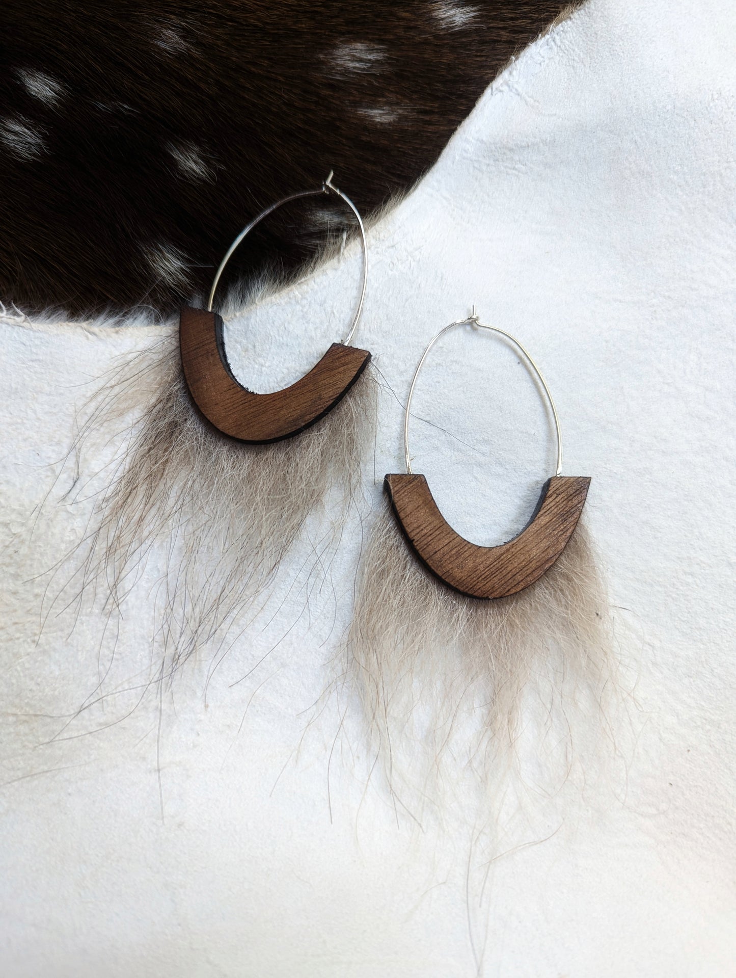 Wolf Fur Walnut Wood Loop Earrings