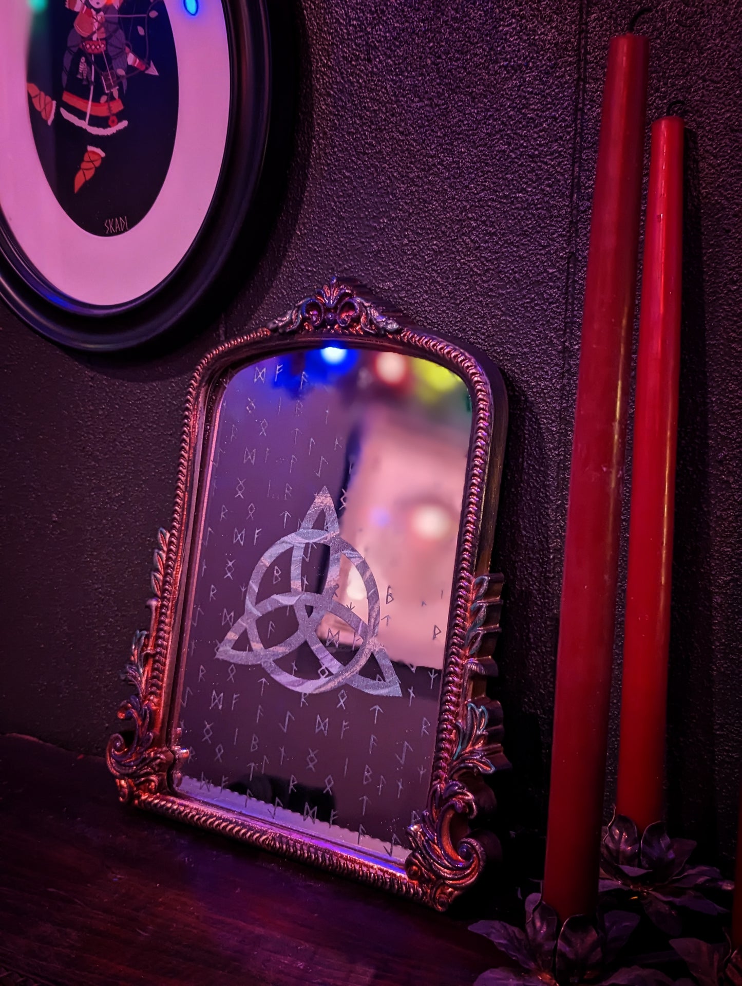 Hand Painted Engraved Rune Triskelion Altar Mirror Decor