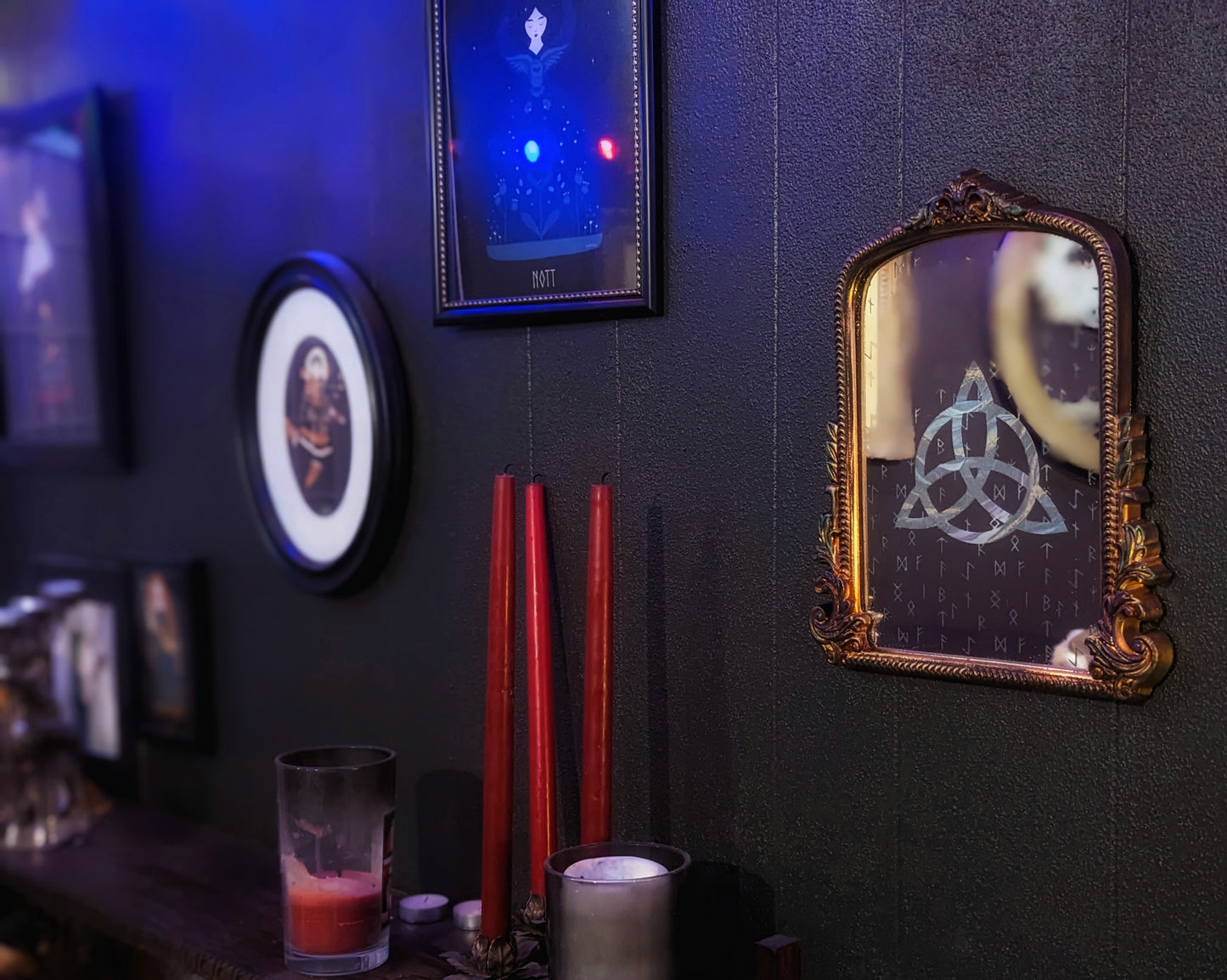 Hand Painted Engraved Rune Triskelion Altar Mirror Decor