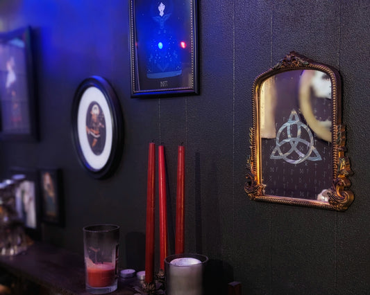Hand Painted Engraved Rune Triskelion Altar Mirror Decor