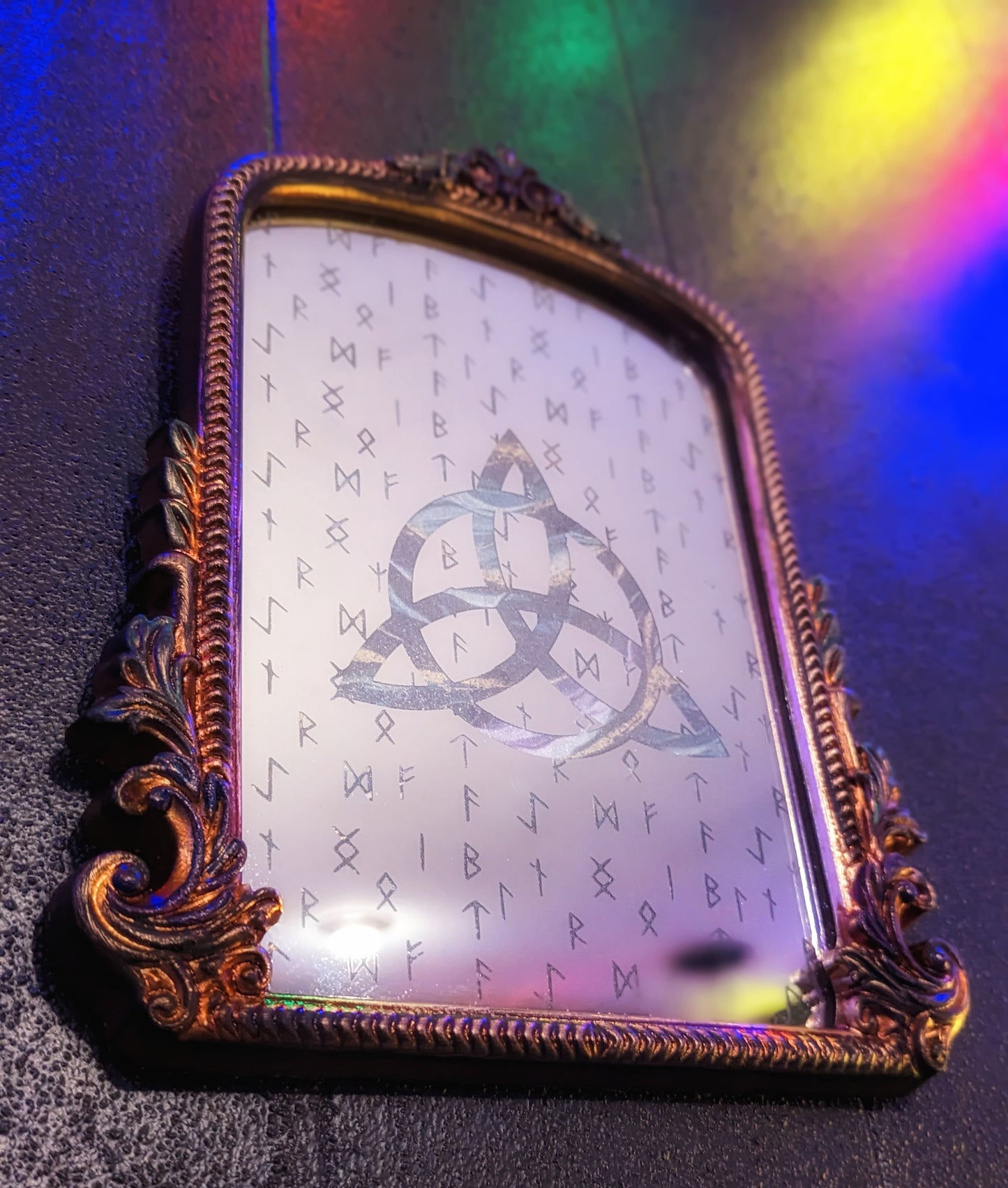 Hand Painted Engraved Rune Triskelion Altar Mirror Decor