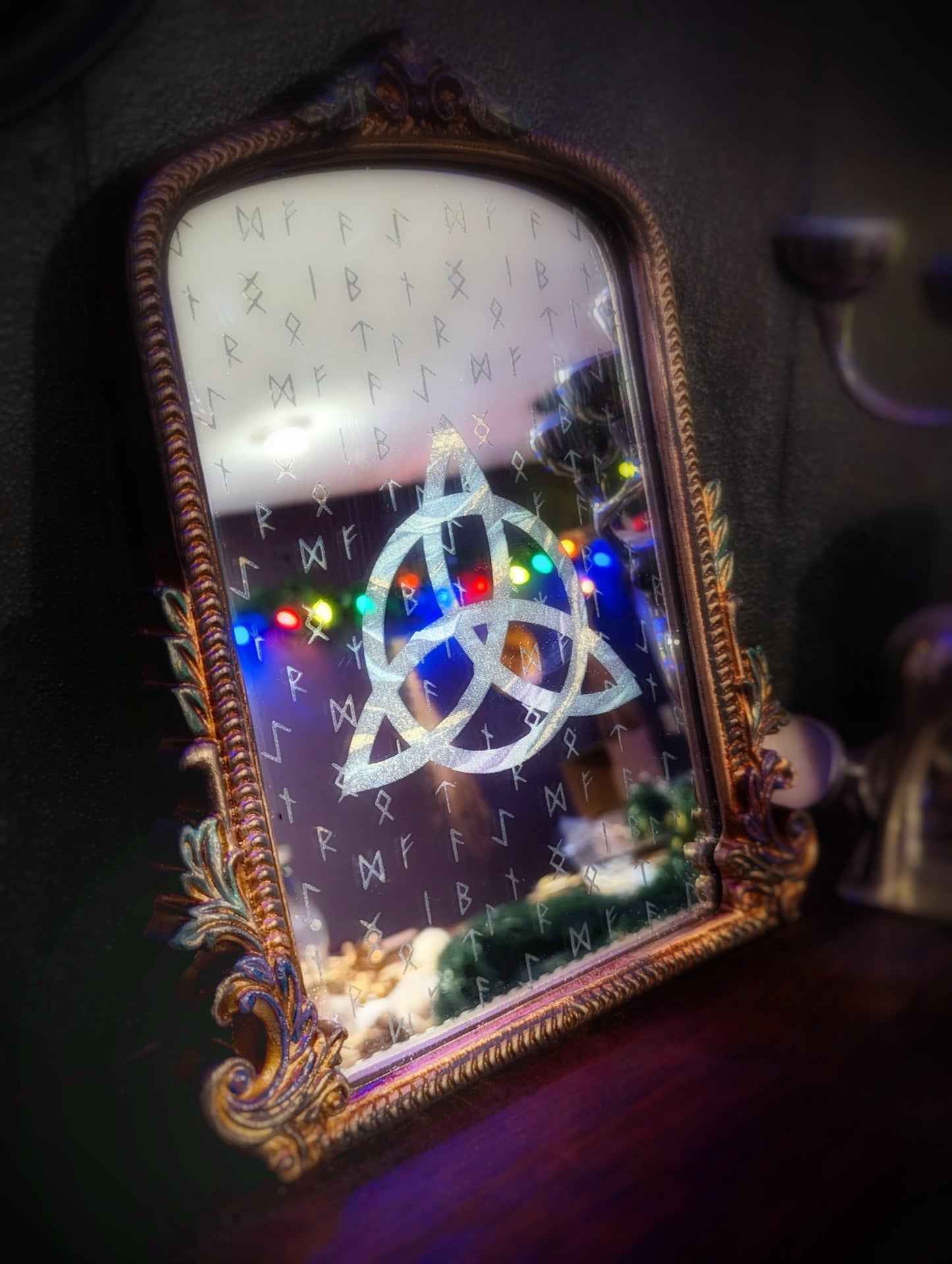 Hand Painted Engraved Rune Triskelion Altar Mirror Decor