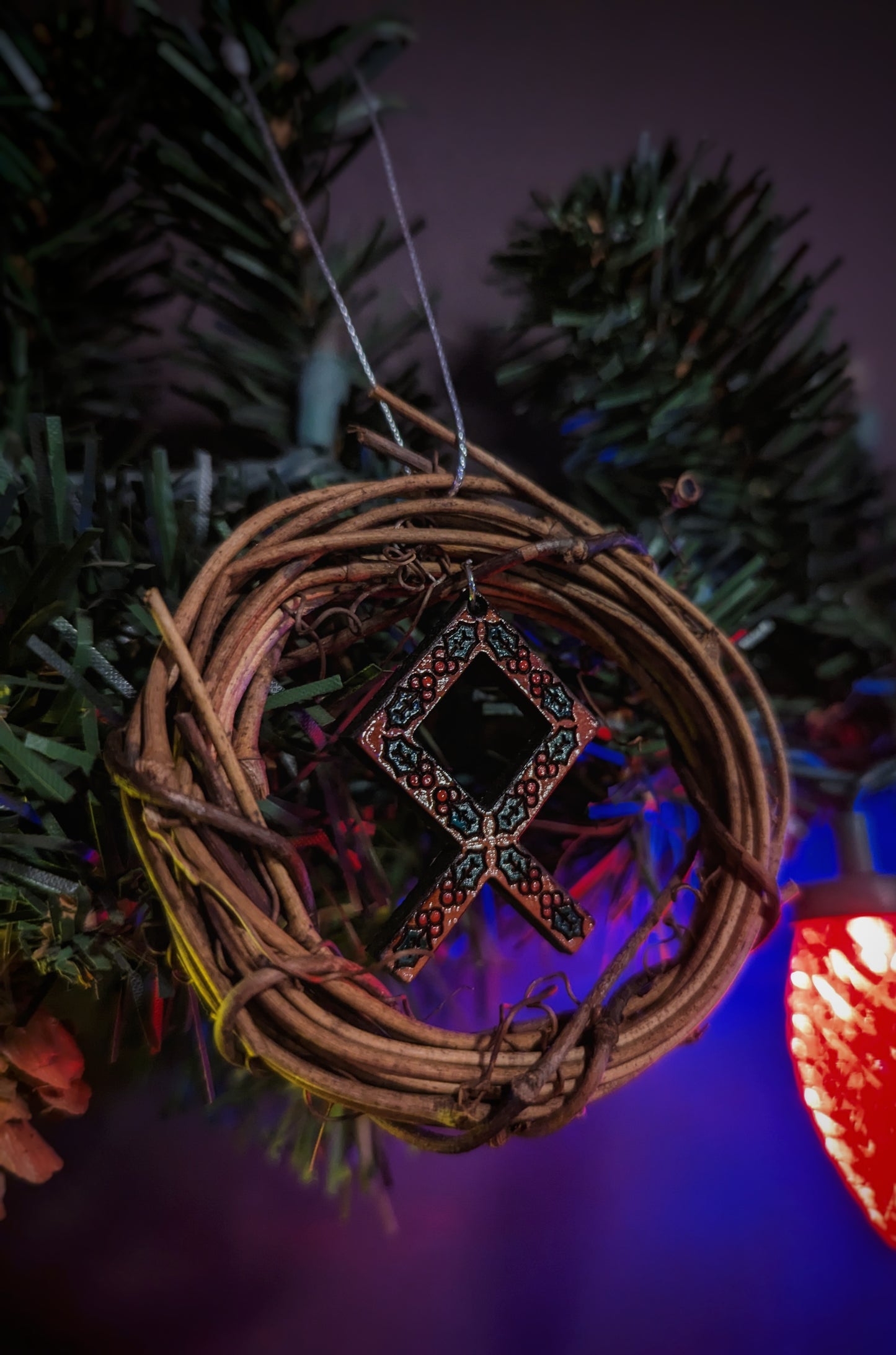 Hand Painted Cedar Holly Othala Wreath Ornament