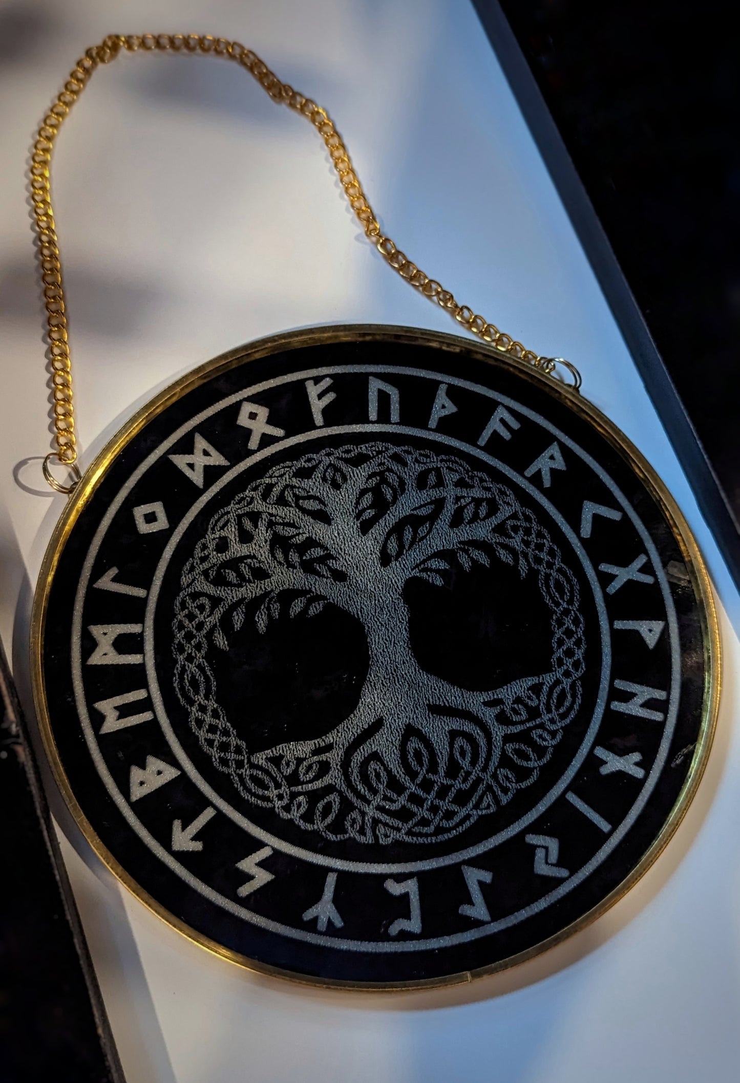 Rune and Yggdrasil Engraved Mirror on Gold Chain