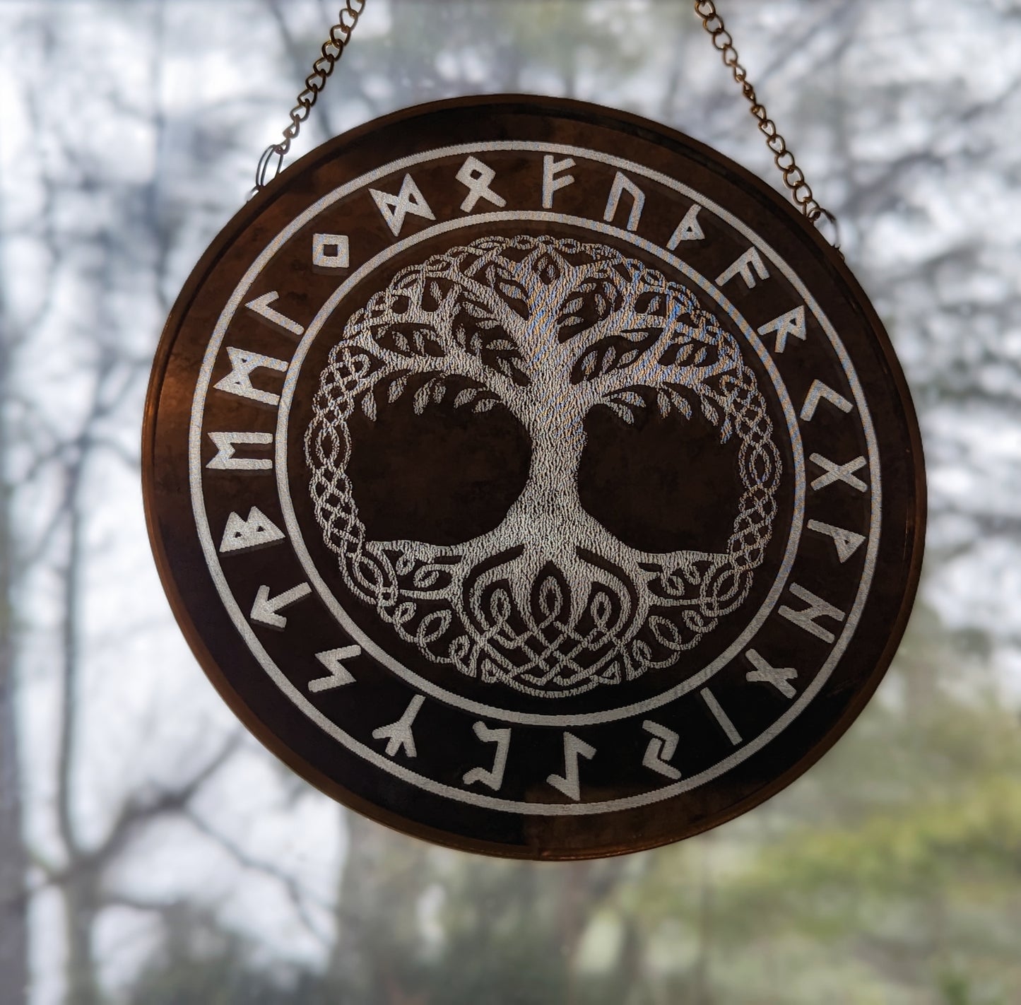 Rune and Yggdrasil Engraved Mirror on Gold Chain