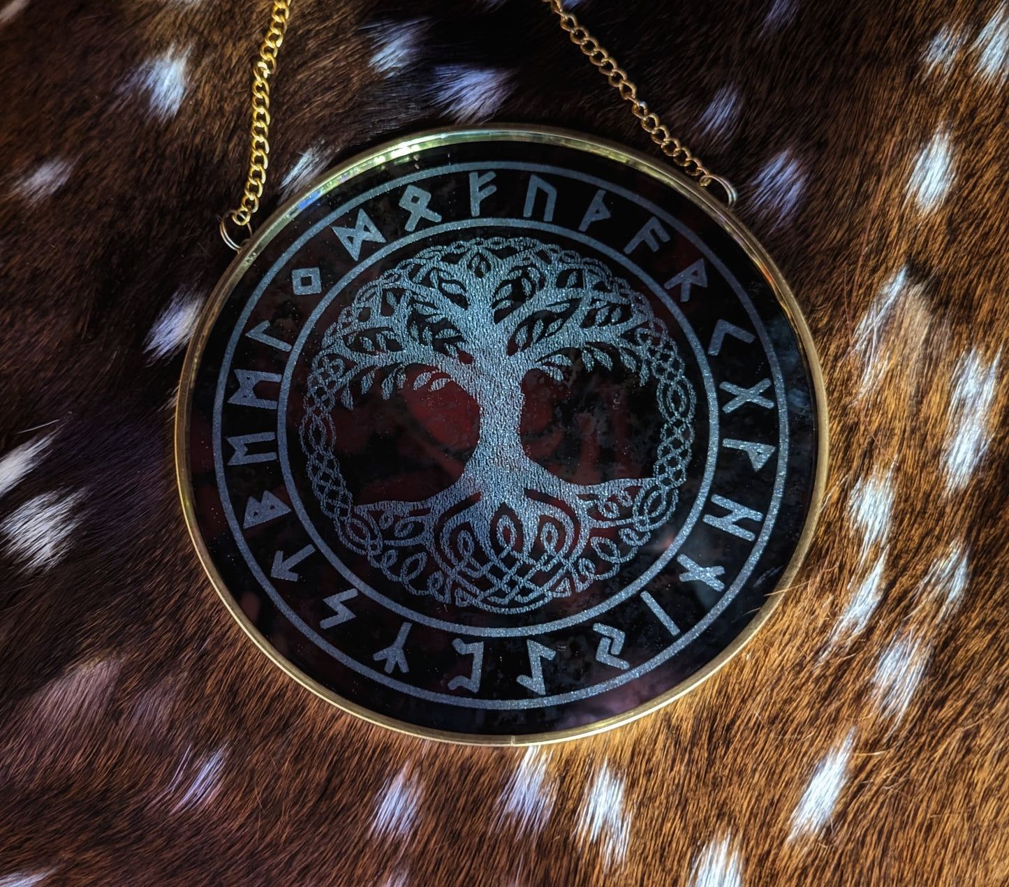 Rune and Yggdrasil Engraved Mirror on Gold Chain