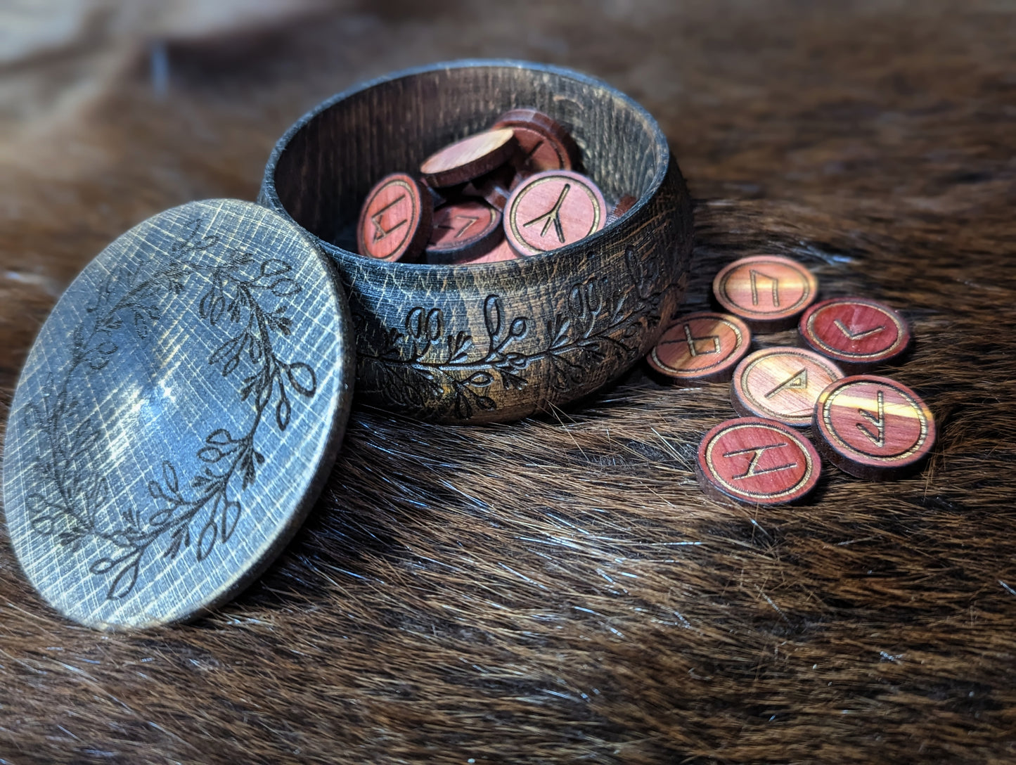 Hand Turned Vine Box With Cedar Elder Futhark Runes