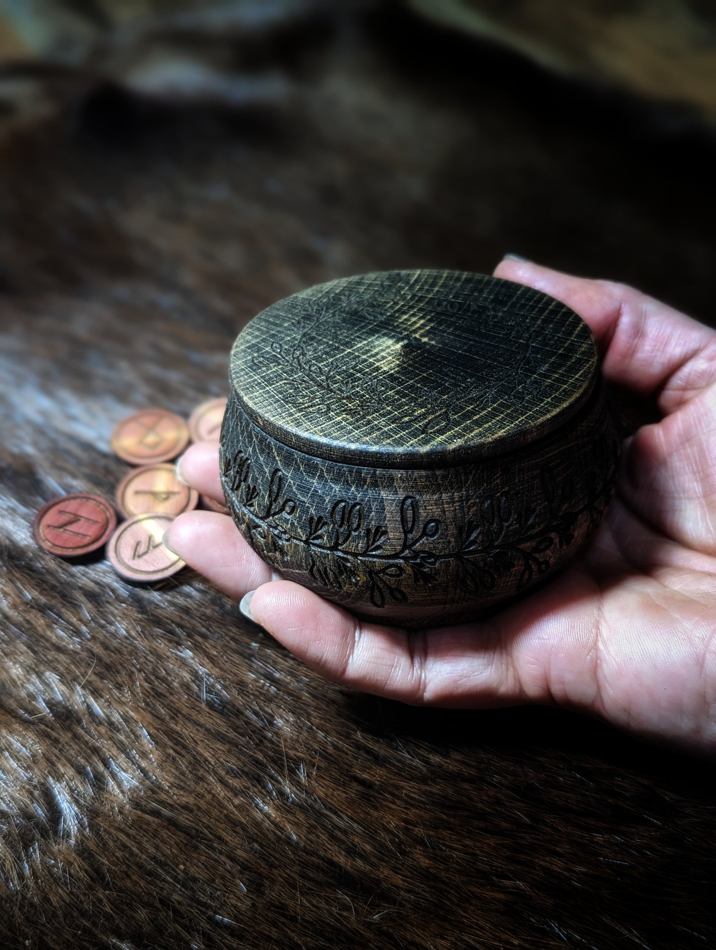 Hand Turned Vine Box With Cedar Elder Futhark Runes