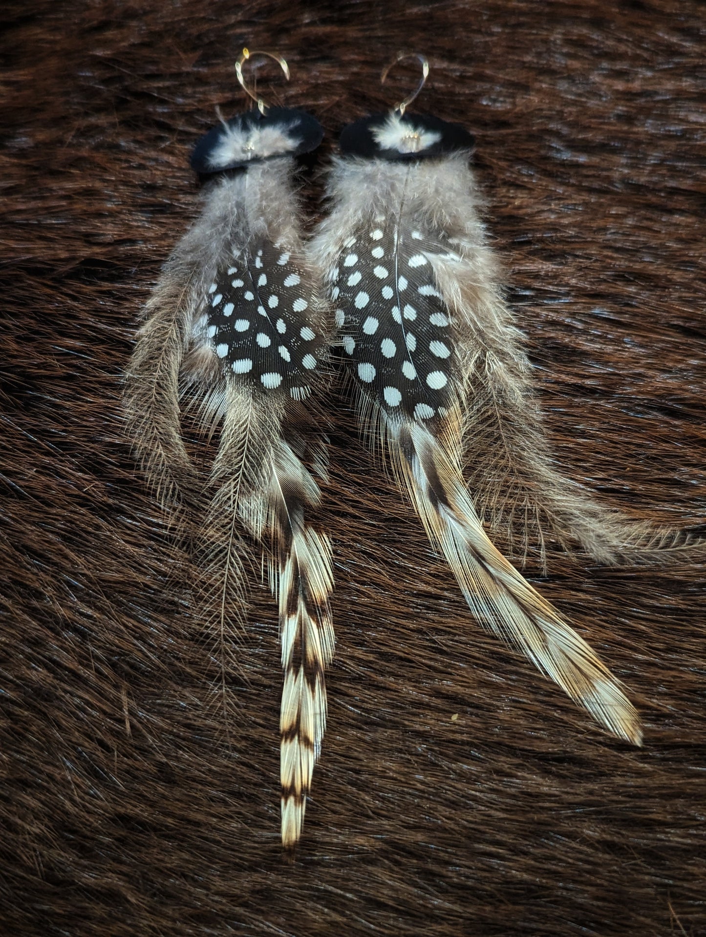 14k Gold, Blue Reindeer Hide, Owl, Guinea, and Ostrich Feather Earrings