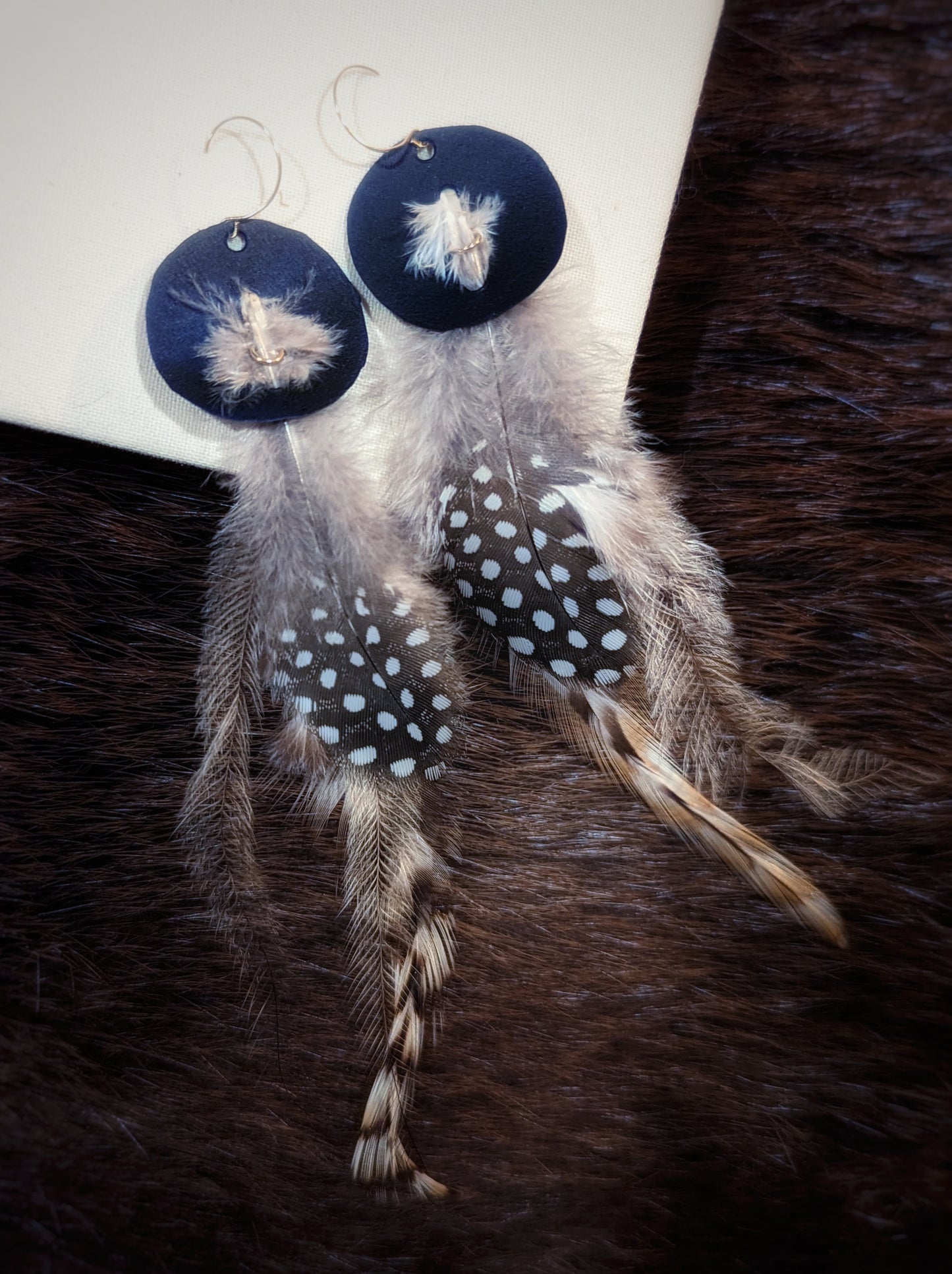 14k Gold, Blue Reindeer Hide, Owl, Guinea, and Ostrich Feather Earrings