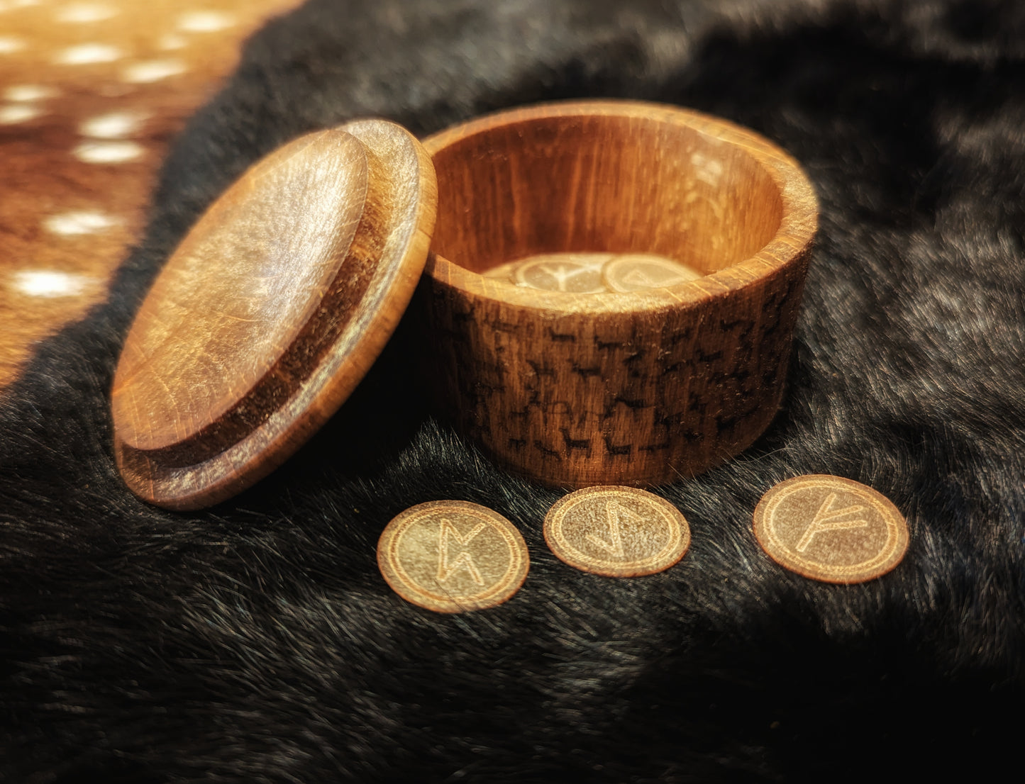Elk / Reindeer Petroglyph Wood Box | Elk Hide Runes