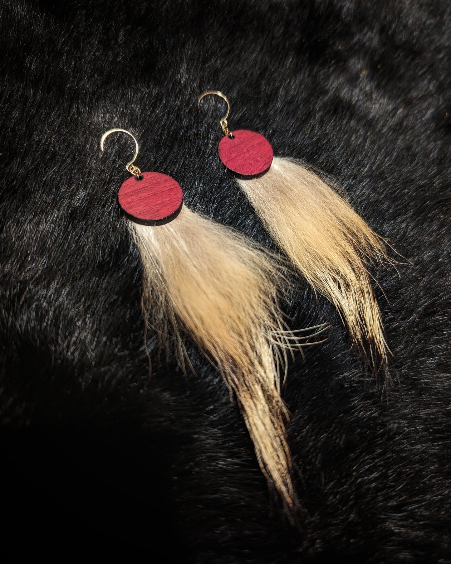 Solid 14k Gold Purpleheart Wood and Coyote Fur Earrings