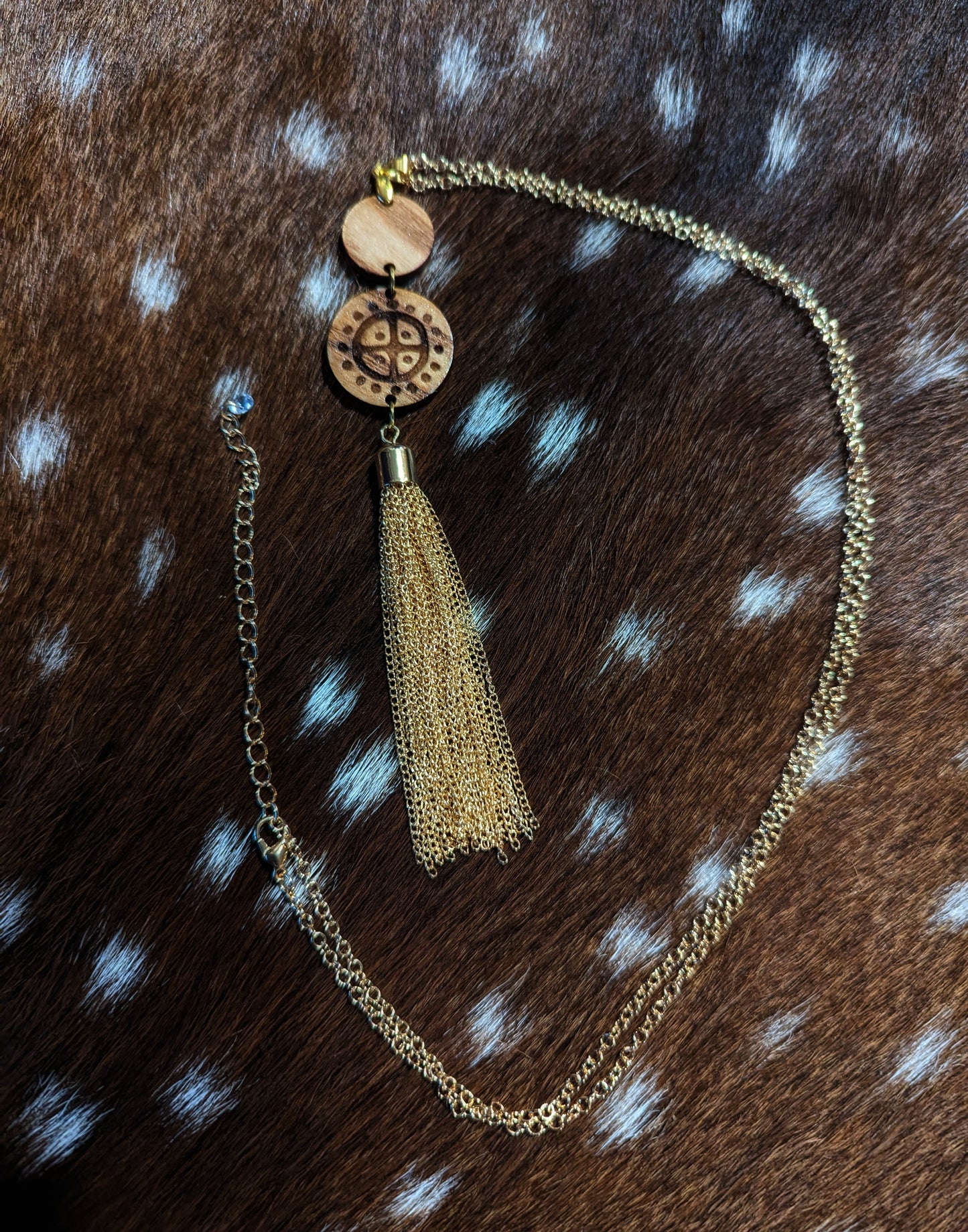 Ash Wood Sunwheel Gold Chain Tassel Pendant Necklace