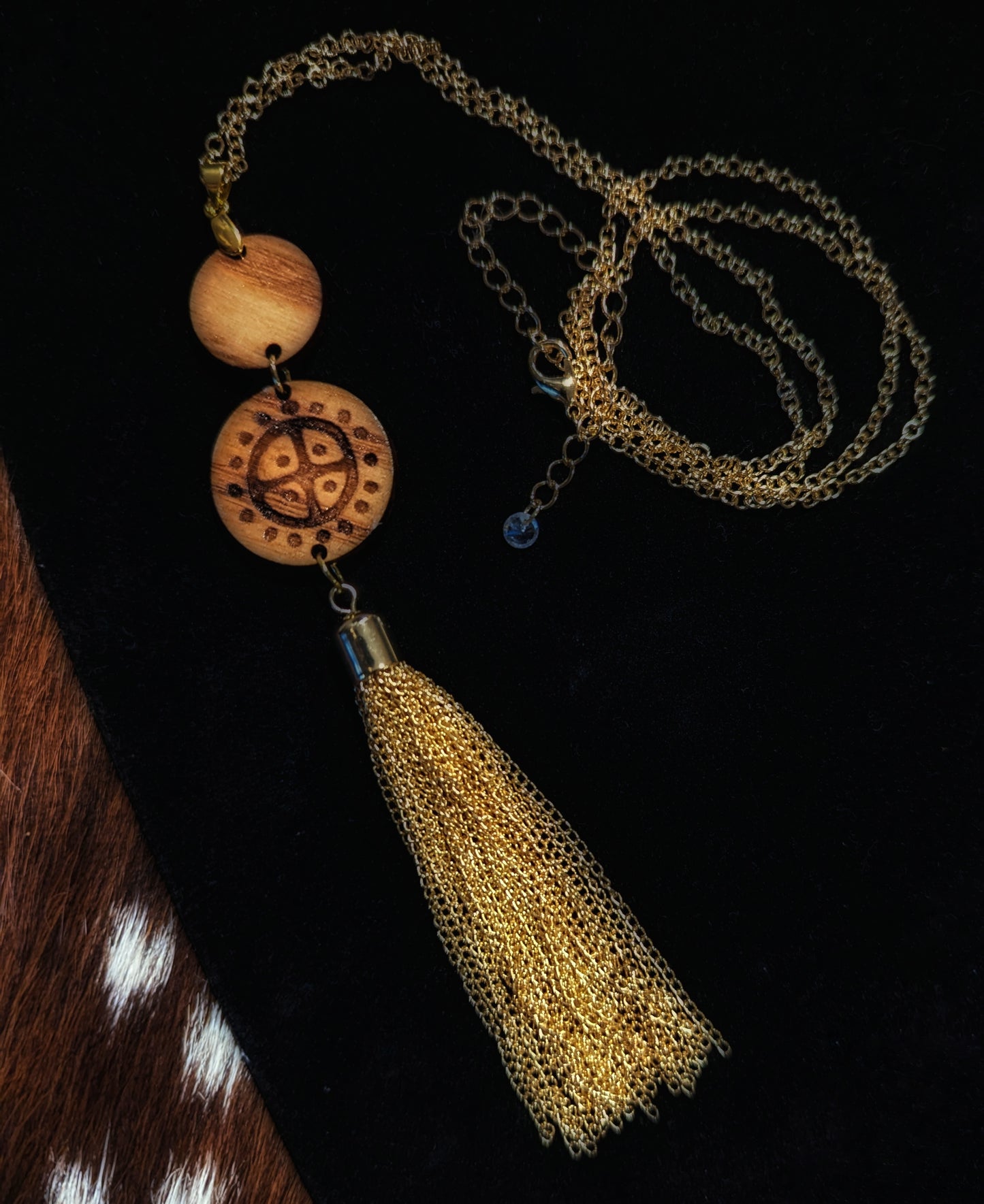 Ash Wood Sunwheel Gold Chain Tassel Pendant Necklace