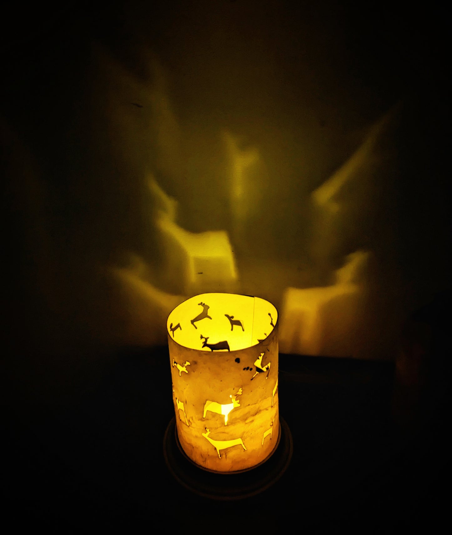 Reindeer Petroglyph Rawhide Lantern With Wood Base | Primitive Nordic Decor | Viking Camping Gift