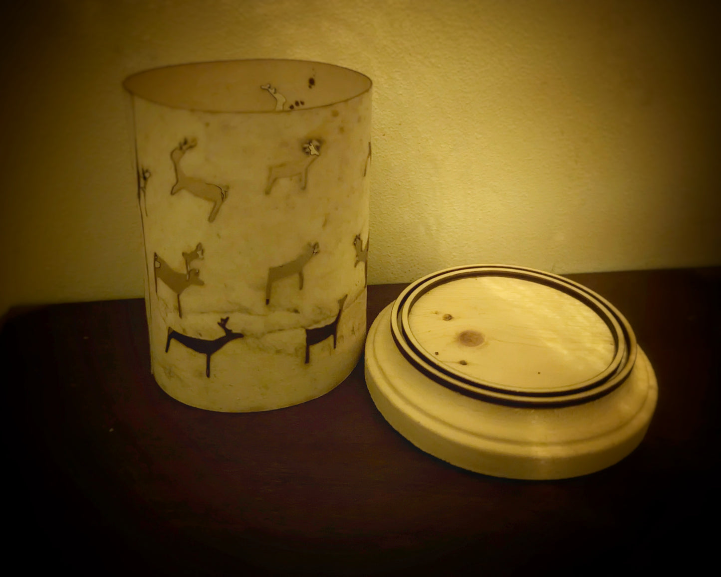 Reindeer Petroglyph Rawhide Lantern With Wood Base | Primitive Nordic Decor | Viking Camping Gift
