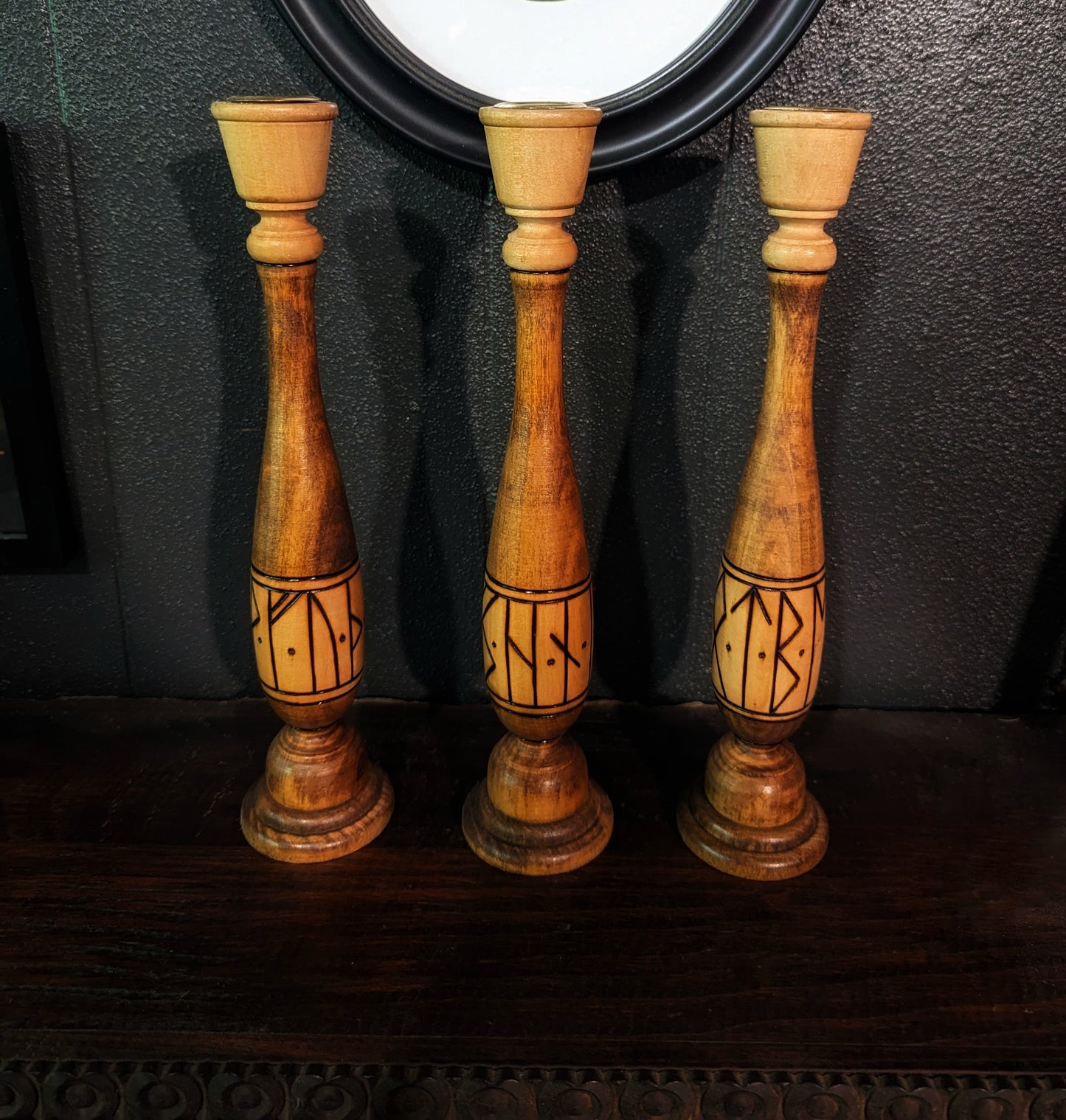 Set of Elder Futhark 3 Aett Hand Burned Candlesticks