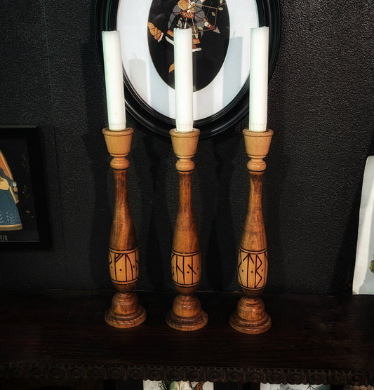 Set of Elder Futhark 3 Aett Hand Burned Candlesticks