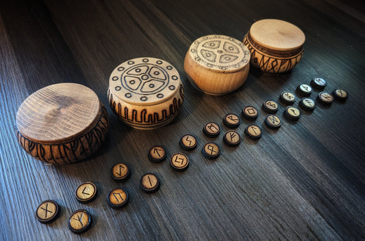 One of A Kind Hand Turned Alder Wood Box of 24 Wood Runes Round Small Rune Sets | Viking Runes | Elder Futhark Runes