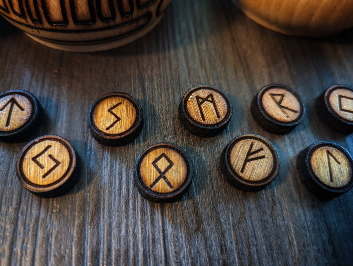 One of A Kind Hand Turned Alder Wood Box of 24 Wood Runes Round Small Rune Sets | Viking Runes | Elder Futhark Runes