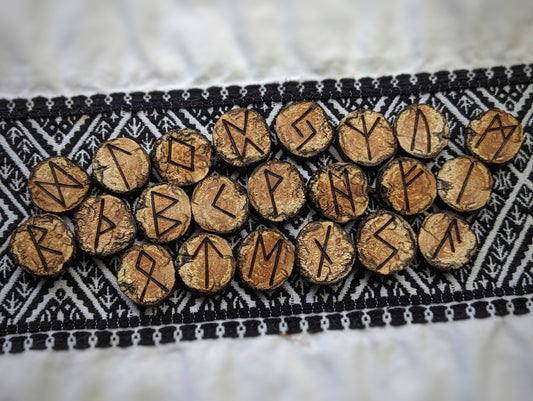 Hand Burned and Cut Natural Rhododendron Wood Elder Futhark Rune Set With Bowl