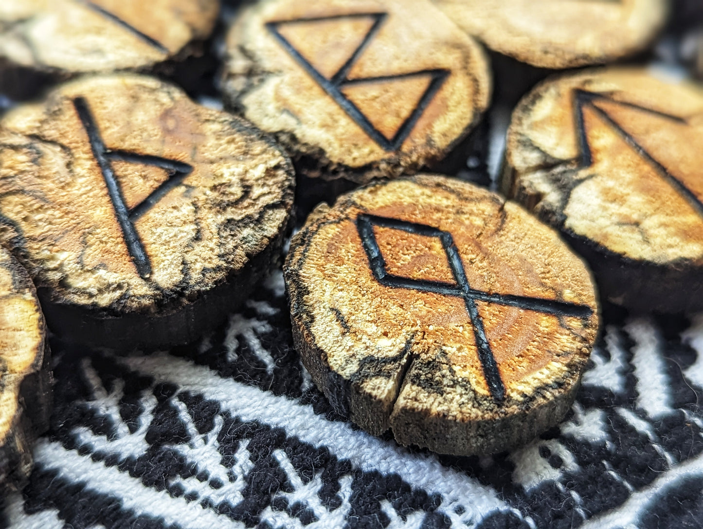 Hand Burned and Cut Natural Rhododendron Wood Elder Futhark Rune Set With Bowl