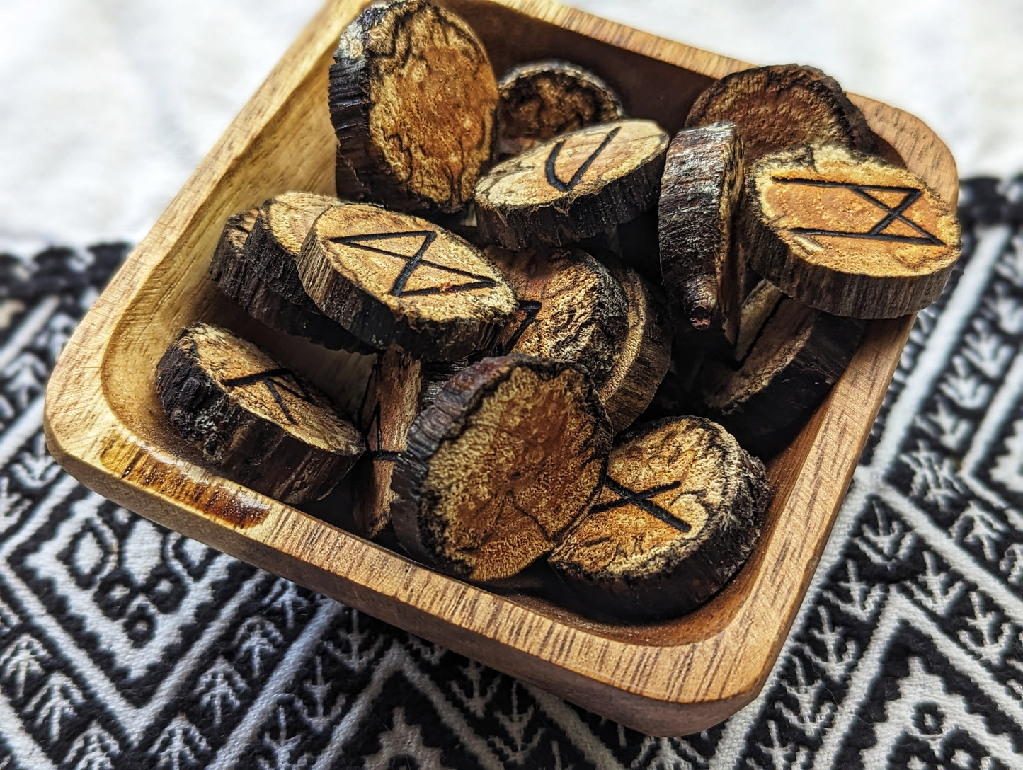 Hand Burned and Cut Natural Rhododendron Wood Elder Futhark Rune Set With Bowl