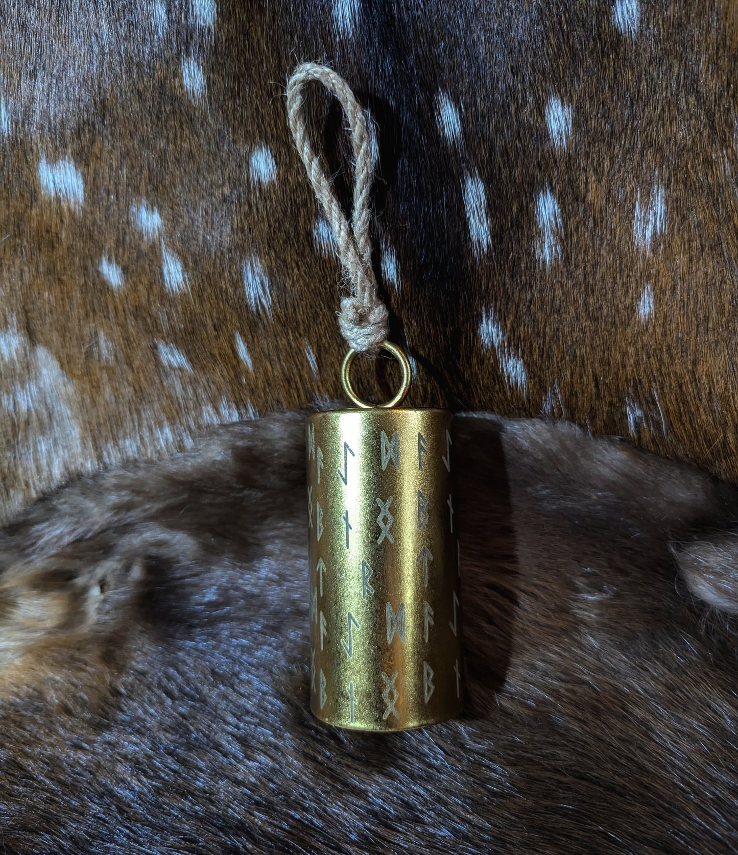 Cylindrical Metal Rune Bell | Runic Decor Norse Pagan Altar Goods | Heathen & Viking Decor | Witch Door Bell