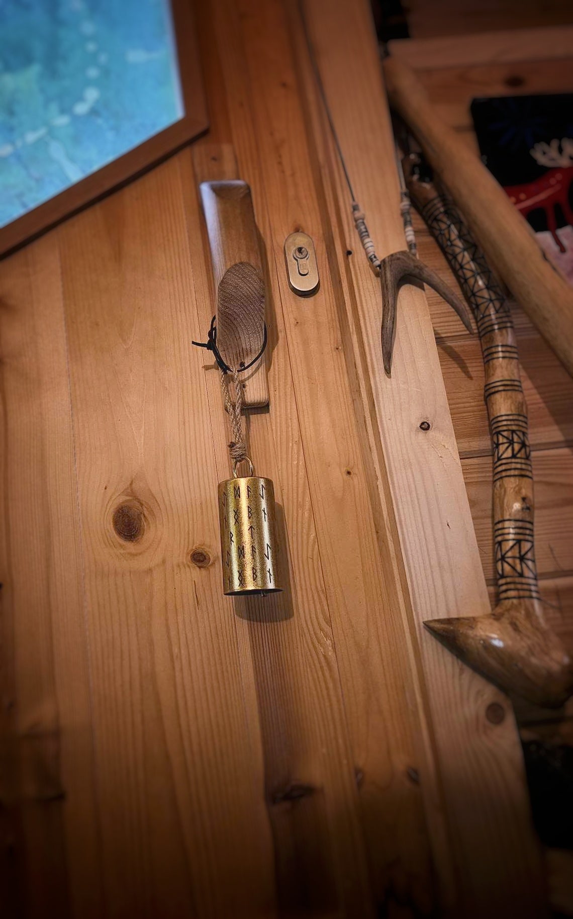 Cylindrical Metal Rune Bell | Runic Decor Norse Pagan Altar Goods | Heathen & Viking Decor | Witch Door Bell