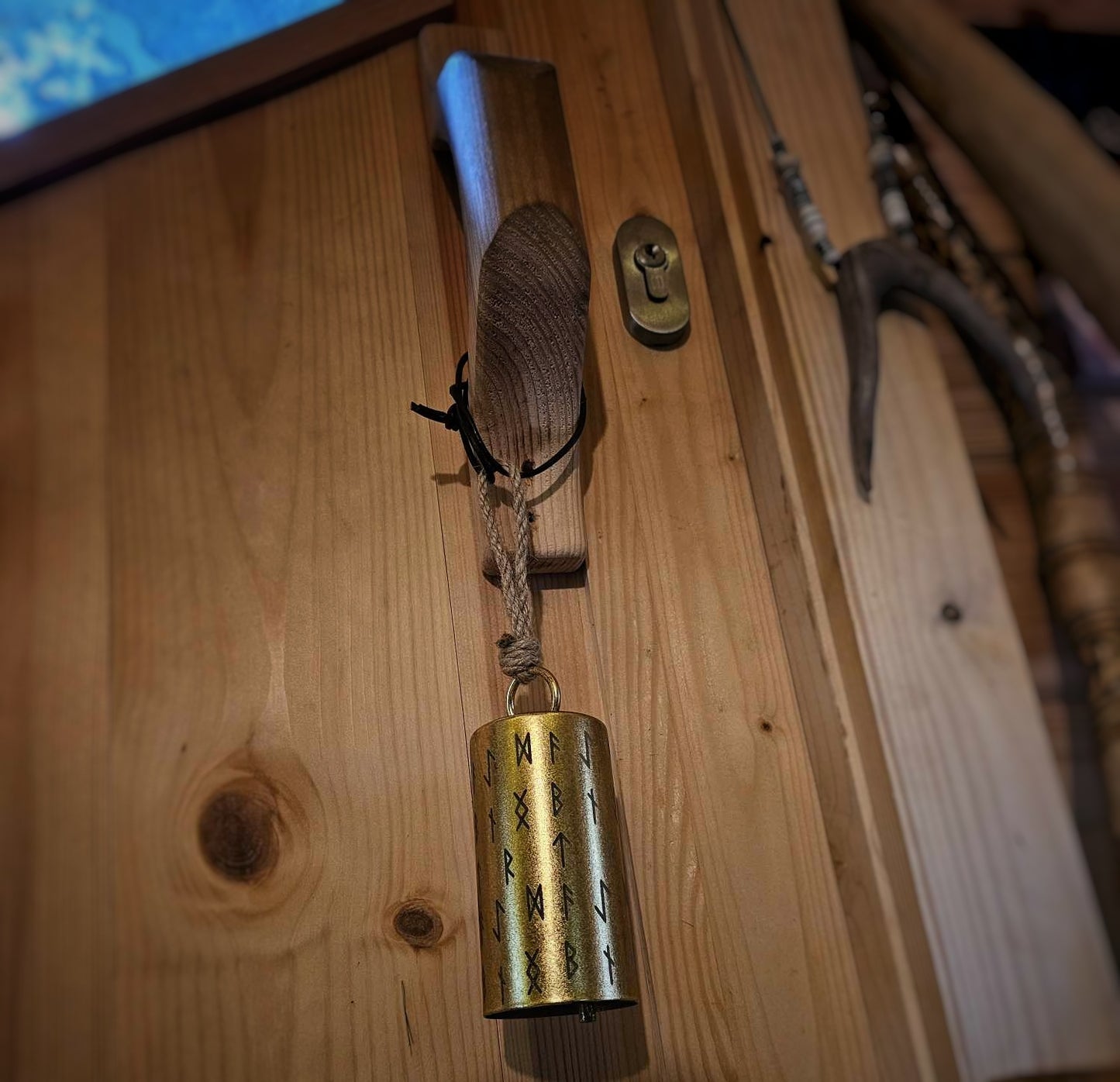 Cylindrical Metal Rune Bell | Runic Decor Norse Pagan Altar Goods | Heathen & Viking Decor | Witch Door Bell