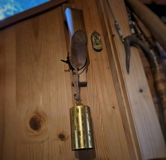 Cylindrical Metal Rune Bell | Runic Decor Norse Pagan Altar Goods | Heathen & Viking Decor | Witch Door Bell