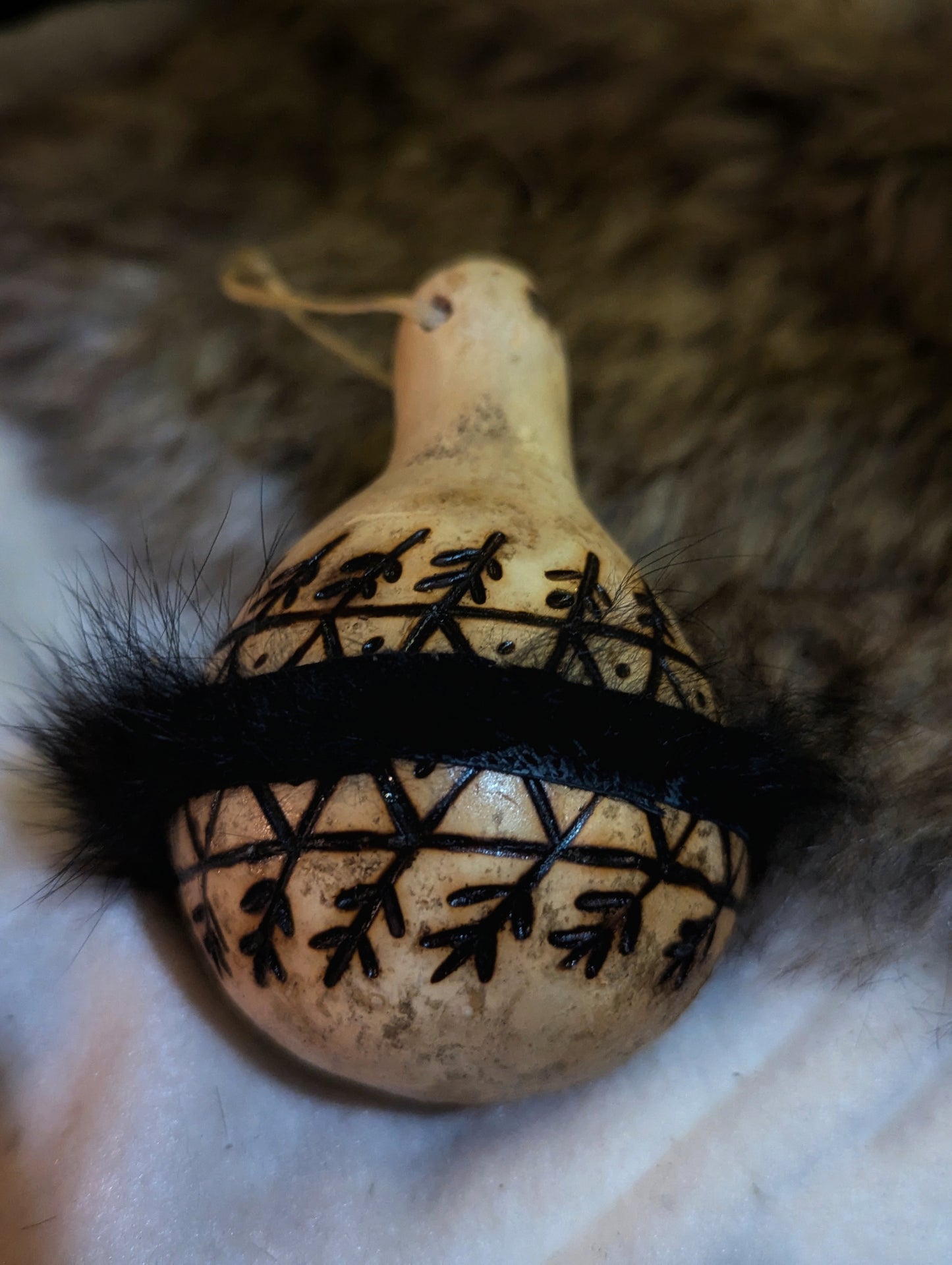 Hand Burned Natural Gourd Ornament With Black Fur Trim