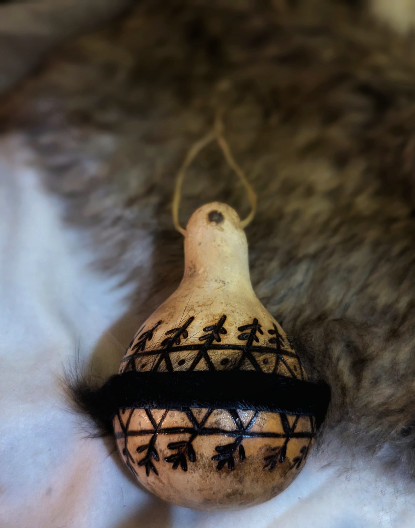 Hand Burned Natural Gourd Ornament With Black Fur Trim