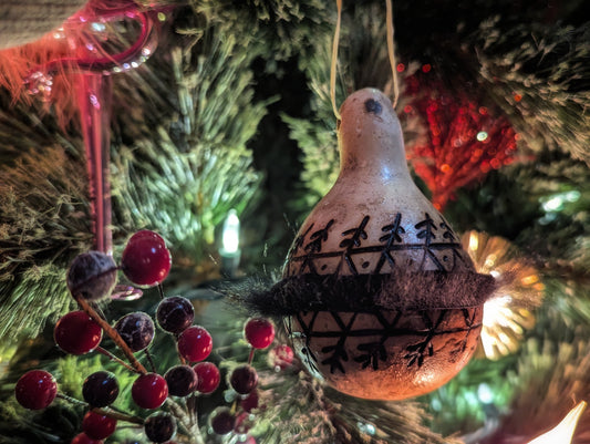 Hand Burned Natural Gourd Ornament With Black Fur Trim