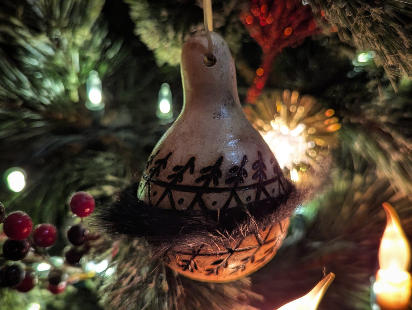 Hand Burned Natural Gourd Ornament With Black Fur Trim