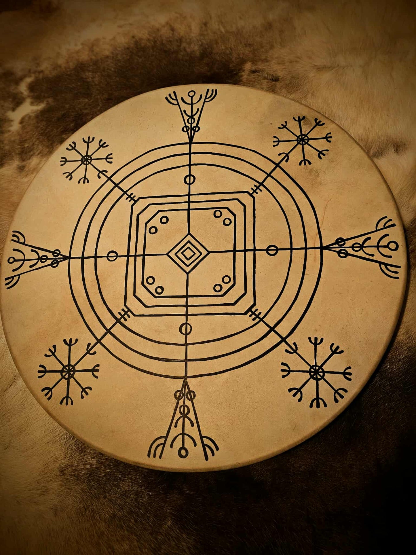 Hulinhjalmur Helm of Disguise Big 30" Goat Hide Shaman Drum Hand Painted Norse Pagan Heathen Galdrastafir Asatru