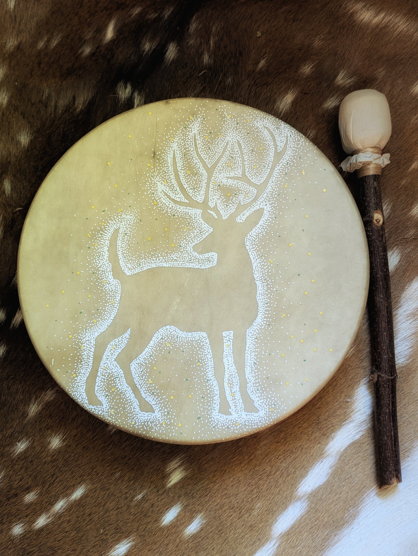 12 Inch Deer Hide Drum With Beater | Hand Painted | Deer Hide Drum