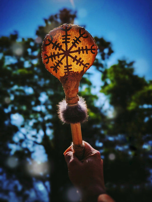 Bear Hide Shaman Rattle With Bronze Helm Of Awe