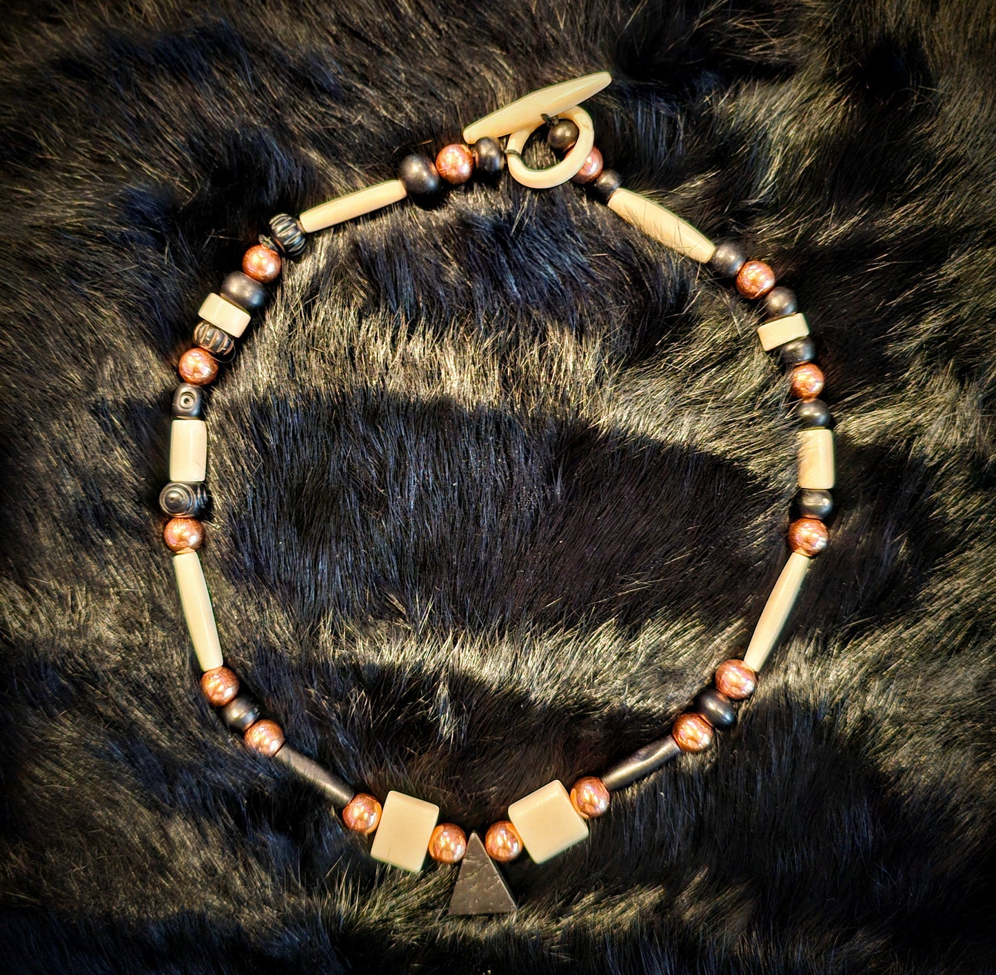 Copper Bead Bone Toggle Necklace Black Bone Triangle Pendant