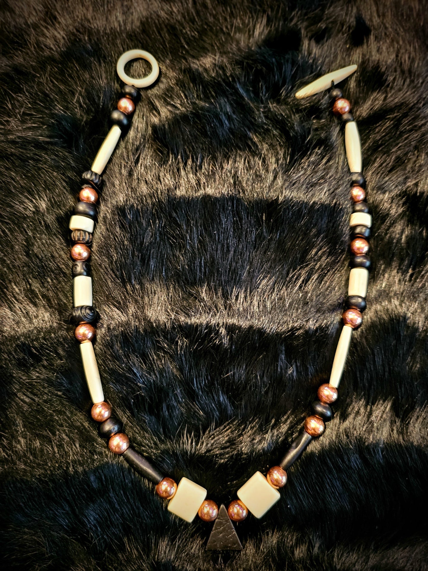 Copper Bead Bone Toggle Necklace Black Bone Triangle Pendant