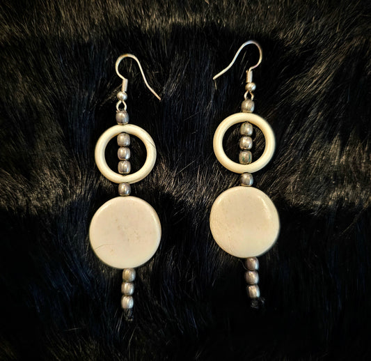 Metal Bead And Bone Disc Circle Earrings