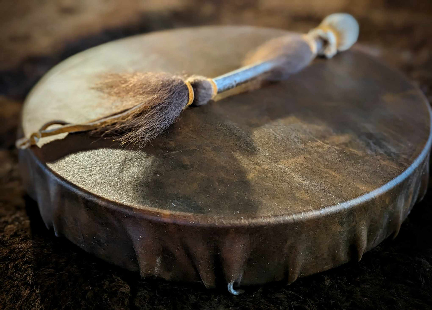 18" Bison Thick Hide Drum | Natural Buffalo Drum | Bison Hair Trimmed Beater