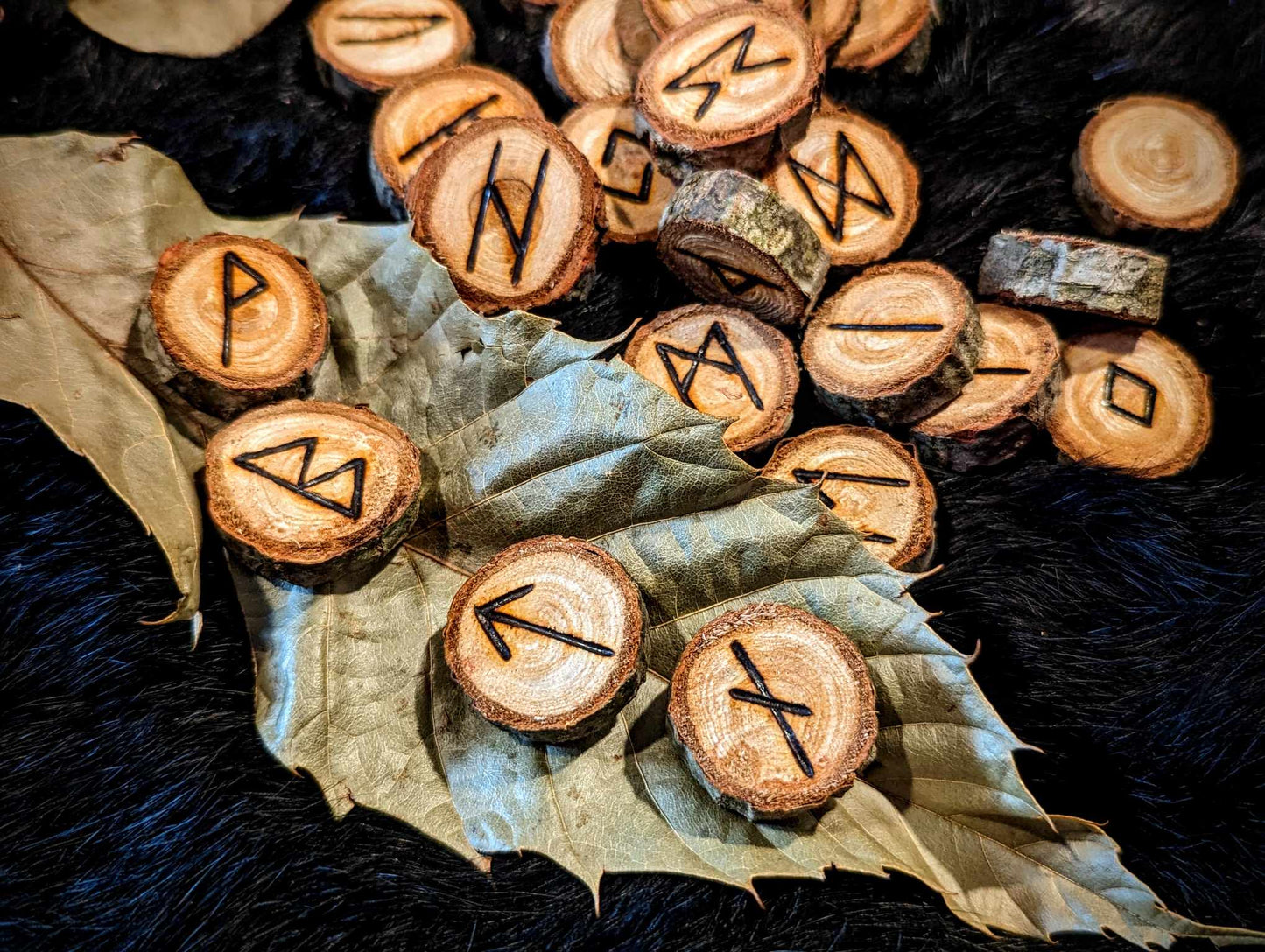Set of 24 Chestnut Elder Futhark Runes Hand Cut and Burned Natural Wood Runes
