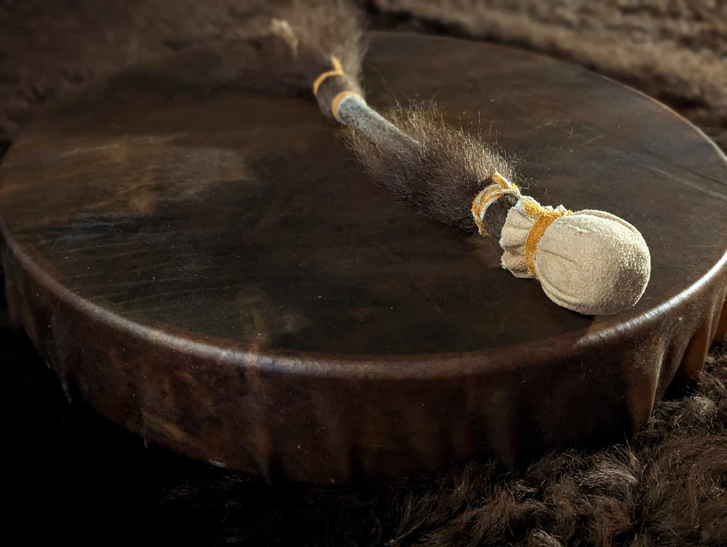 18" Bison Thick Hide Drum | Natural Buffalo Drum | Bison Hair Trimmed Beater