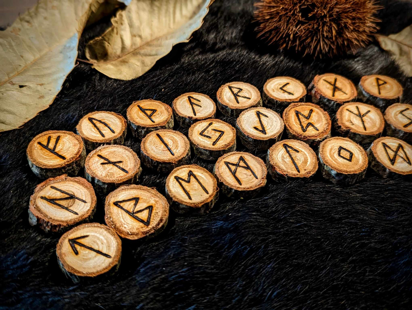 Set of 24 Chestnut Elder Futhark Runes Hand Cut and Burned Natural Wood Runes